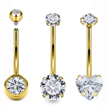 Belly Button Rings Surgical Steel Internally Threaded Belly Button Ring 10MM/12MM/14MM/16MM Navel Rings for Women Clear CZ 14G Long Bar Navel Piercing Jewelry - color: goldtone, size: 16mm bar length