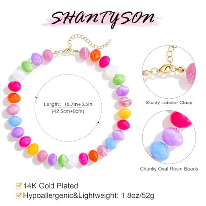 Colorful Chunky Beaded Necklaces for Women Multicolor Large Round Resin Beads Collar Necklace Boho Trendy Statement Chokers Y2K Summer Beach Jewelry - color: Candy Rainbow-Oval