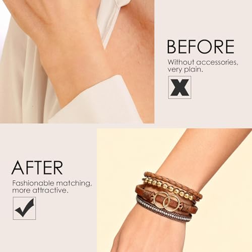 Leather Wrap Bracelets for Women, Boho Leopard Multi-Layer Crystal Beads Cuff Jewelry - color: J-Warp-011