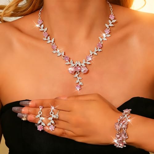 CSIYANJRY99 Silver Prom Jewelry Set Gold Wedding Jewelry Sets for Brides Necklace and Earring Bracelet Rhinestone Prom Party Costume Accessorie - color: Pink