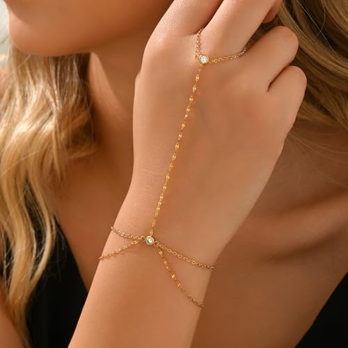 Gold Hand Chain Bracelet for Women 18K Gold Plated Stainless Steel Ring Bracelet Hand Chain with Pearl Star CZ Adjustable Hand Jewelry Chain Gifts - color: Y 2Layered Lip-Gold