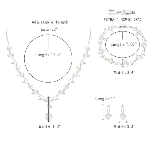 Crysdue Wedding Jewelry Set for Brides Bridesmaid, Cubic Zirconia Teardrop Marquise Leaf Cluster Pendant Necklace Bridal Tennis Bracelet Drop Earrings for Women Party Prom - style: B- Pearl set- silver