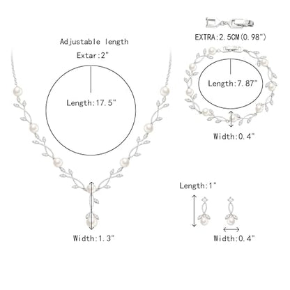 Crysdue Wedding Jewelry Set for Brides Bridesmaid, Cubic Zirconia Teardrop Marquise Leaf Cluster Pendant Necklace Bridal Tennis Bracelet Drop Earrings for Women Party Prom - style: B- Pearl set- silver