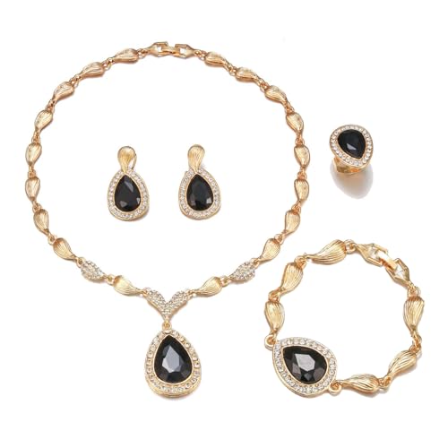 Womens Luxury Africa Dubai 18k Gold Plated Jewelry Sets Wedding Rhinestone Crystal Bib Statement Necklace Earrings Set for Brides Party Prom - color: Black