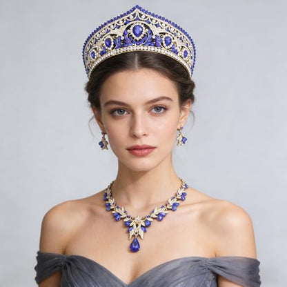 Princess Tiara Crown and Jewelry Sets for Women Wedding Rhinestone Crystal Tiaras and Crowns with Necklace Earrings Party Birthday Accessories - color: Gold Blue