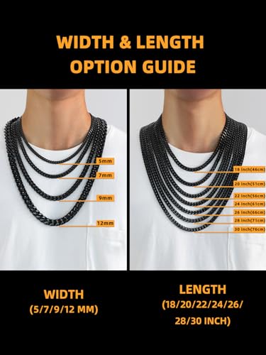 Bestyle Thick Stainless Steel Mens Cuban Link Chain, Black/Gold Chain for Men, No Tarnish & Durable Men Chain Necklace, 5/7/9/12mm Wide, 18"-30" Long, Gift Package - style: c. 12mm-Black