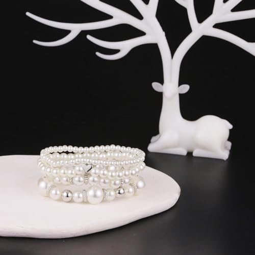 Pearl Bracelets for Women Simulated Pearl Beaded Bracelet White Pearls Stackable Stretch Bracelet Set Multilayered Elastic Pearls Bracelets for Women Bridesmaid Bridal Jewelry - color: silver