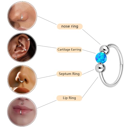 Thiswhyimbeauty 2PCS 18g Opal Nose Rings for Women Nose Hoops 8mm/10mm Hypoallergenic 316L Surgical Steel Nose Rings Piercing Jewelry Can Be Used as a Nose Ring, Septum Ring, and Cartilage Earring - color: A-Silver Blue opal