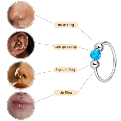 Thiswhyimbeauty 2PCS 18g Opal Nose Rings for Women Nose Hoops 8mm/10mm Hypoallergenic 316L Surgical Steel Nose Rings Piercing Jewelry Can Be Used as a Nose Ring, Septum Ring, and Cartilage Earring - color: A-Silver Blue opal