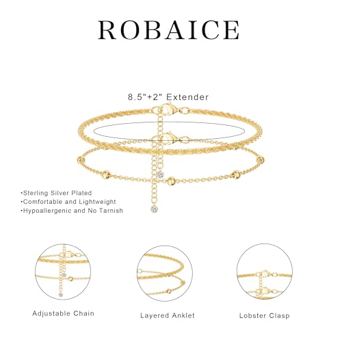 Robaice Ankle Bracelets for Women, 14K Gold Plated/Silver Layered Anklets | Waterproof Adjustable Anklet for Women, Summer Beach Anklet, Glitter Jewelry for Women Gifts - color: Gold-1