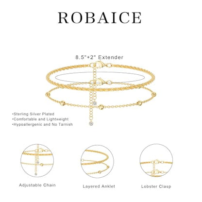 Robaice Ankle Bracelets for Women, 14K Gold Plated/Silver Layered Anklets | Waterproof Adjustable Anklet for Women, Summer Beach Anklet, Glitter Jewelry for Women Gifts - color: Gold-1