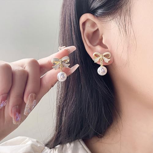 Pearl Bow Earrings for Women Coquette Aesthetic Jewelry Rhinestone Bow Earrings for Bridesmaids Wedding Party Accessories Bridal Costume Accents Bowknot Themed Gifts - color: B1: Pink Bow Pearl Earrings