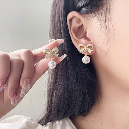 Pearl Bow Earrings for Women Coquette Aesthetic Jewelry Rhinestone Bow Earrings for Bridesmaids Wedding Party Accessories Bridal Costume Accents Bowknot Themed Gifts - color: B1: Pink Bow Pearl Earrings