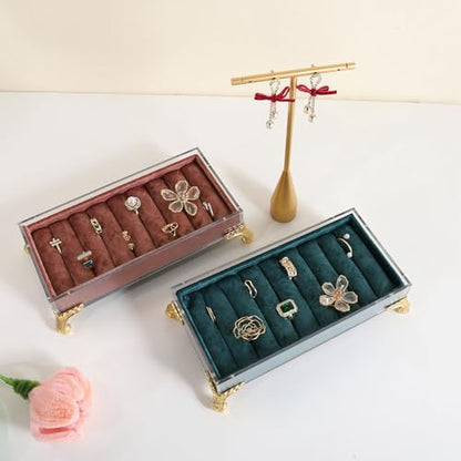 velvet slots Ring holder for jewelry organizer, Earring ring display stand for selling, felt ring jewelry holder tray showcase【Velvet slots Ring Holder-Blue】 - color: Blue