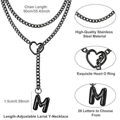 Black Heart Slip Chain Initial Necklaces for Women, Stainless Steel Wrap Choker Necklace, Gothic O-Ring Adjustable Lariat Y Necklaces, Punk Cuban Collar Choker Necklace, Halloween Jewelry Gift - color: Black M