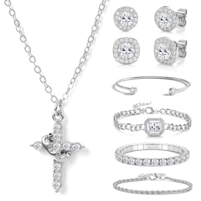 Jewelry Set for Women, 7 Pcs Necklace Earrings Bracelet Set | Crown Cross Necklace,CZ Stud Earrings,Layered Bracelets,Accessories,Adjustable Jewelry,Wedding and Daily Wear,Gold & Silver - color: SILVER