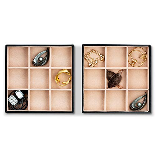 Glenor Co Jewelry Organizer Tray - Set of 2 - Stackable 18 Slots Jewelry Storage Trays - Display on Dresser or Drawer - Compatible with Other Trays - Black - size: Square - 9 Slot x 2