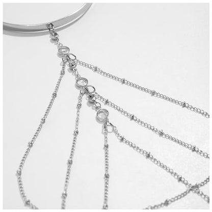 Simple Crystal Bead Tassel Upper Arm Chain Bracelet Multi-layered Bikini Armlet Rhinestone Adjustable Open Arm Cuff Bangle Bracelets Summer Beach Body Jewelry for Women - style: Silver