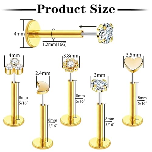Uni-J 10pcs 20G/18G/16G Threadless Push-in Tragus Conch Cartilage Flat Back Helix Labret Monroe Lip Ring Daith Piercing Jewelry - color: 16G Gold 8mm