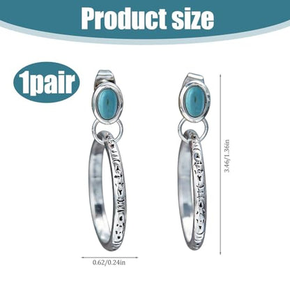 Turquoise Gemstone Stud Earrings Featuring Antique Silver Tone Engraved Hoop Style Turquoise Jewelry Dangle Accents With Oval Stones For Women Bohemian Fashion Daily Party Gifts