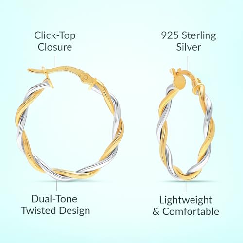 LeCalla Real 925 Sterling Silver Textured Two-Tone Three-Tone 14K Gold Plated Lightweight Italian Design Hoop Earrings for Women Diameter 25,30,40,45,50mm - color: Two-Tone Small-30mm