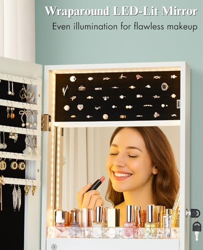 LUXFURNI Wall & Door‑Mounted Storage Jewelry Armoire Cabinet with Mirror | Built‑in LED Mirror, Acrylic Lipstick Tray, 4 Clear Drawers, Large Velvet‑Lined Storage, Wall & Door‑Mounted, Lockable - style: Full Frame White