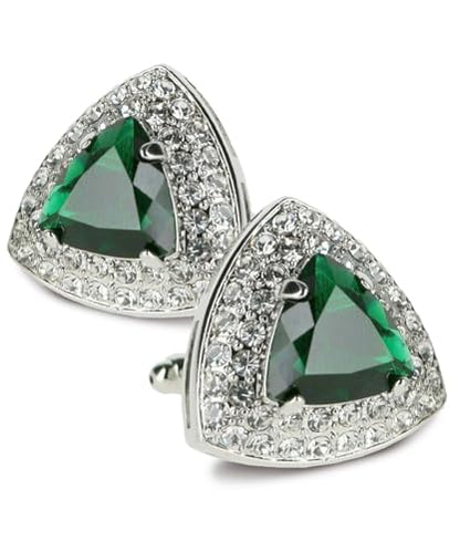 Triangular Crystal Diamond Set Cuff Links for Men – Tuxedo Suit Accessories, Cufflinks for Men - style: Emerald/Silver