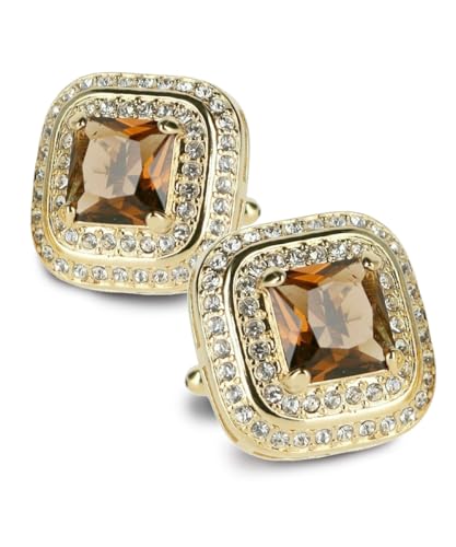 Square Colored Crystal Double Diamond Set Cufflinks - color: Brown/Gold