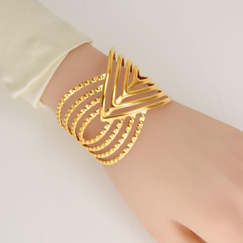 18K Gold Plated Stainless Steel Bracelet Irregular Geometric Multi-Layer Cuff Bracelet Bangles for Women Daily Outfits