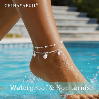 Sterling Silver Ankle Bracelets for Women 14k Gold Plated Waterproof Dainty Layered Stackable Seashell Pearl Charm Non Tarnish Adjustable Anklet for Summer Beach Jewelry Gift - color: silver1