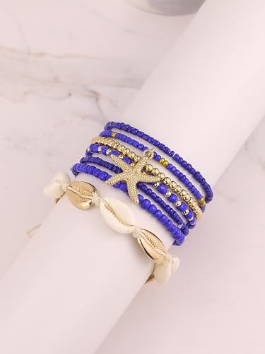 Bohemian Starfish Bracelets for Women - Adjustable Stackable Beach Bracelets, Handmade Stretchy Beaded Summer Jewelry, Perfect for Surf & Waterproof Fun - color: Dark Blue