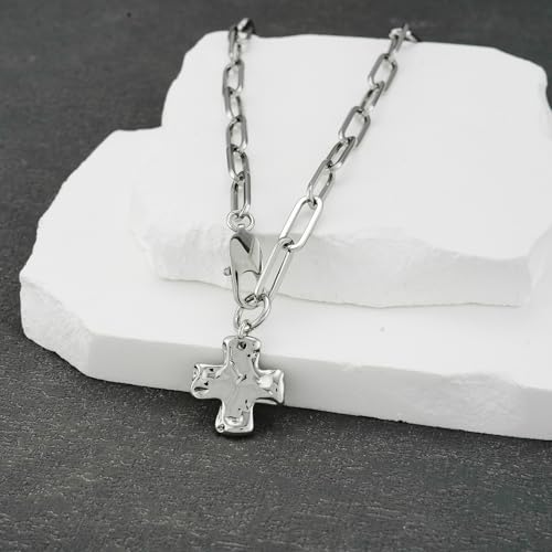 Chunky Cross Necklace for Women Trendy 14K Gold Silver Plated Statement Big Cross Pendant Paperclip Chain Charm Necklaces Religious Faith Easter Basket Stuffers Baptism Costume Jewelry Gift - color: White Gold-Lobster Clasp-0.8 inch pendant