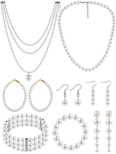 BBTO 8 Pcs Pearl Necklace and Earrings Set for Women Pearl Jewelry Set Faux Necklace Earrings Simulated Bracelets - style: Exquisite Style