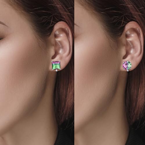 YOQUCOL 2 Pairs 8MM Cubic Zirconia Crystal Clip On Stud Earrings Non Pierced Stud Earrings For Women - color: Aurora-Pink Green