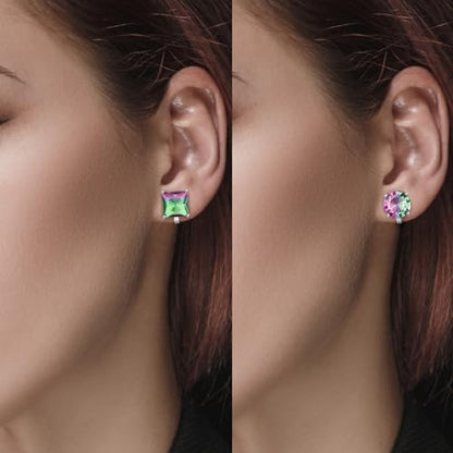 YOQUCOL 2 Pairs 8MM Cubic Zirconia Crystal Clip On Stud Earrings Non Pierced Stud Earrings For Women - color: Aurora-Pink Green