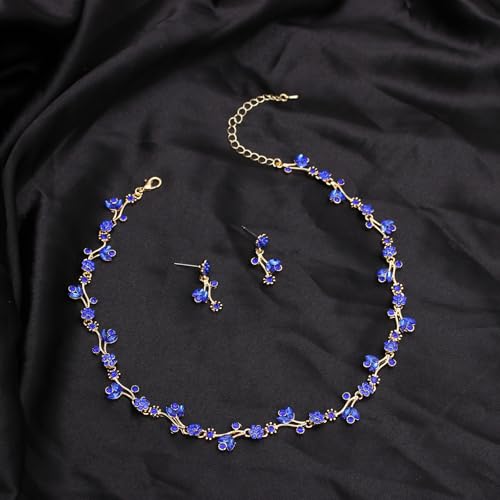 Elegant Brides Austrian Crystal Flower Choker Necklace Drop Dangle Earring Bracelet Wedding Jewelry Set for Bridesmaid Prom Costume Jewelry Set for Women - color: Blue-Gold Plated