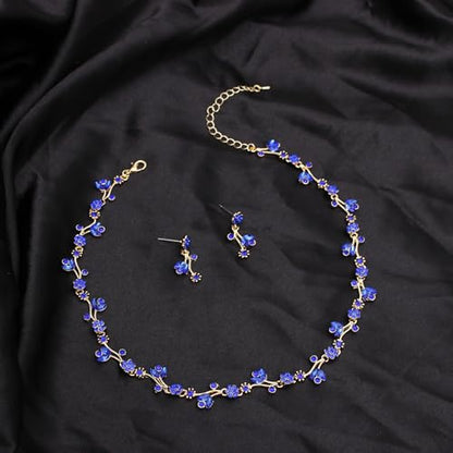 Elegant Brides Austrian Crystal Flower Choker Necklace Drop Dangle Earring Bracelet Wedding Jewelry Set for Bridesmaid Prom Costume Jewelry Set for Women - color: Blue-Gold Plated