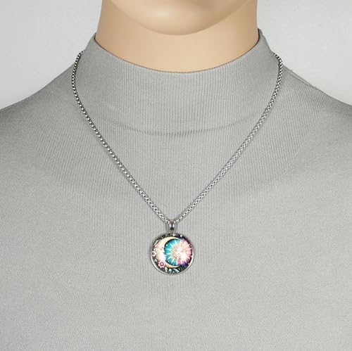 Intricate Highly Detailed Small Rainbow Celestial Sun Moon Boho Printed Pendant, Stainless Steel Chain Necklace, Length Choices - size: 16 inches long