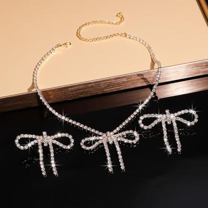 Gold Rhinestone Jewelry Set for Women Crystal Choker Necklaces Drop Earrings Adjustable Bracelet Elegant Prom Bridal Jewelry - color: Gold A