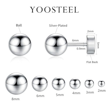 6 Pairs Hypoallergenic Flat Back Earrings for Women Girls,Stud Earring Set | Cartilage Earrings for Sensitive Ears,Cubic Zirconia Ball Pearl Earring,Screw Back Helix Conch Piercing Sets,Jewelry Gifts - color: Ball-Sliver-Plated
