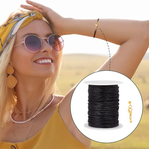 PH PandaHall Waxed Cord with Jewelry Clasp Kit, 50 Yards 2mm Black Waxed Cotton Threads with Lobster Claw Clasps Fold Over Cord Ends Wax Cord Beading String for DIY Bracelet Necklaces Jewelry Making