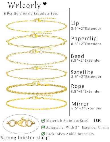 6PCS Ankle Bracelets for Women18K Gold Plated Stainless Steel Waterproof Layered Herringbone Figaro Bead Paperclip Rope Tennis Box Cuban Link Rolo Satellite Chain Anklets Set Gold Tone - style: B:Bead,Rope