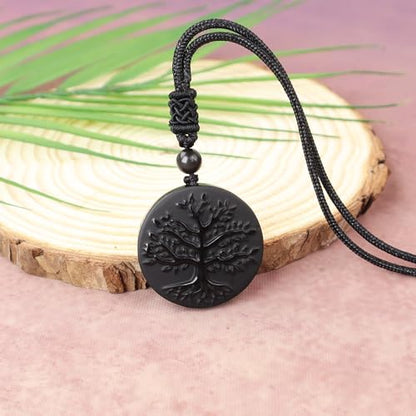 Anjiucc Natural Gemstone Tree of Life Black Obsidian/Golden Obsidian Pendant Necklace for Male and Female Necklace - color: Black obsidian