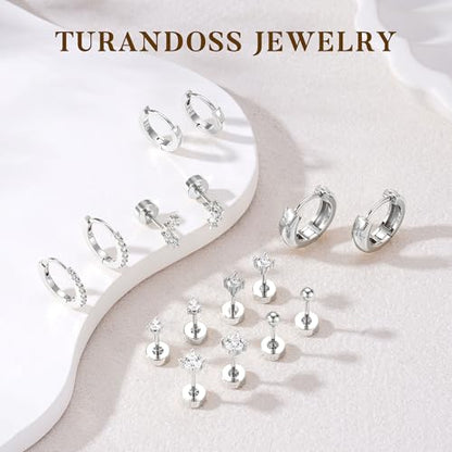 Turandoss 8 Pairs Gold Stud Hoop Earrings for Women | 14K Gold Plated Small Huggie Hoop Earrings, Flat Back Cartilage Earring Stacks Set, Multiple Piercing, Hypoallergenic - color: Silver Plated