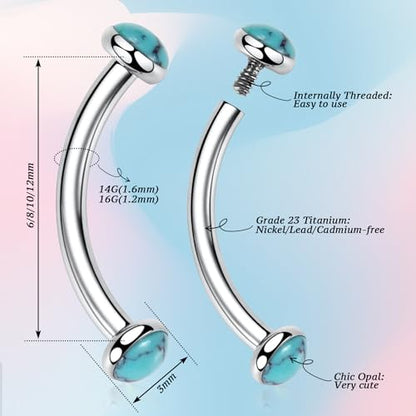 G23 Titanium Eyebrow Piercing Jewelry Eyebrow Rings Curved Barbell 16G Eyebrow Belly Button Ring Navel Rings Rook Daith Earrings Lip Ring Eyebrow Jewelry 6mm-12mm - color: 2PCS,Disc Shape Blue Turquoise,Silver