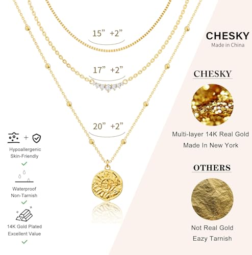 CHESKY Gold Layered Necklaces Set, 14K Gold Plated Paperclip Chain Stack | 3 Pcs Dainty Layering Necklaces, Gold CZ Pendant Necklace Trendy Jewelry Gift for Women Daily Wear - style: CZ-bar-box