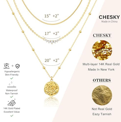 CHESKY Gold Layered Necklaces Set, 14K Gold Plated Paperclip Chain Stack | 3 Pcs Dainty Layering Necklaces, Gold CZ Pendant Necklace Trendy Jewelry Gift for Women Daily Wear - style: CZ-bar-box