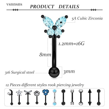 Rook Daith Piercing Jewelry 16G Stainless Surgical Steel Curved Barbell Eyebrow Rings Vertical Labret Lip Piercing Jewelry Rook Daith Earrings for Women Men 6MM 8MM 10MM Hypoallergenic - color: Black Tone