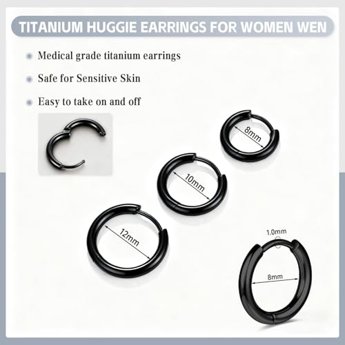 AOEDEJ G23 Titanium Black/Steel Gray/Gold Hoop Earrings 18G Small Huggie Hoop Earrings 8mm/10mm/12mm Cartilage for Sensitive Ears for Multiple Piercing Cartilage Hoop Earring Stack Jewelry - style: Circle-BK-12mm