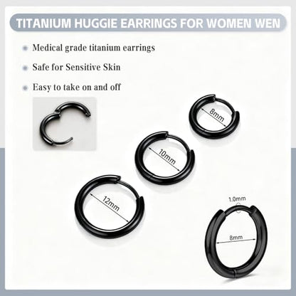AOEDEJ G23 Titanium Black/Steel Gray/Gold Hoop Earrings 18G Small Huggie Hoop Earrings 8mm/10mm/12mm Cartilage for Sensitive Ears for Multiple Piercing Cartilage Hoop Earring Stack Jewelry - style: Circle-BK-12mm